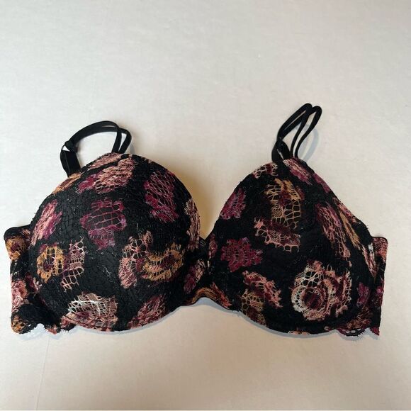 Beautiful Bebe Bra Push Up 34DD Black with pink multi color design and lace - Picture 1 of 7